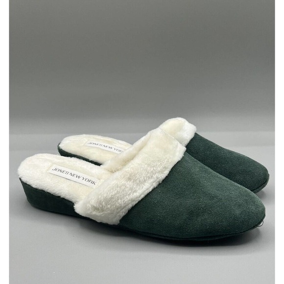 Jones New York Green Sueade Slippers Mules Faux Fur Interior Sz L 9/10 NEW - Picture 1 of 7